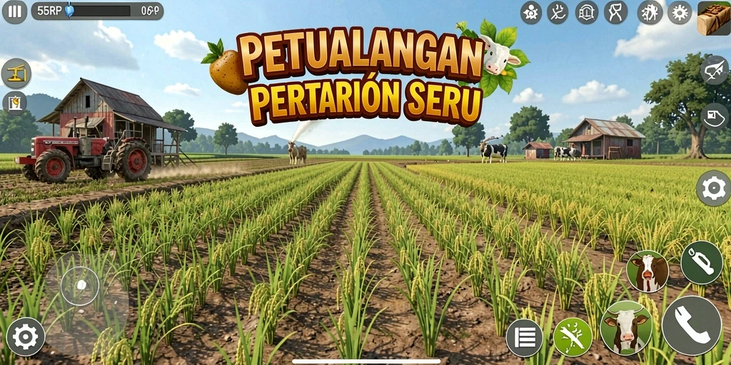 Screenshot gameplay 55RP menampilkan kebun yang subur dan hewan ternak.