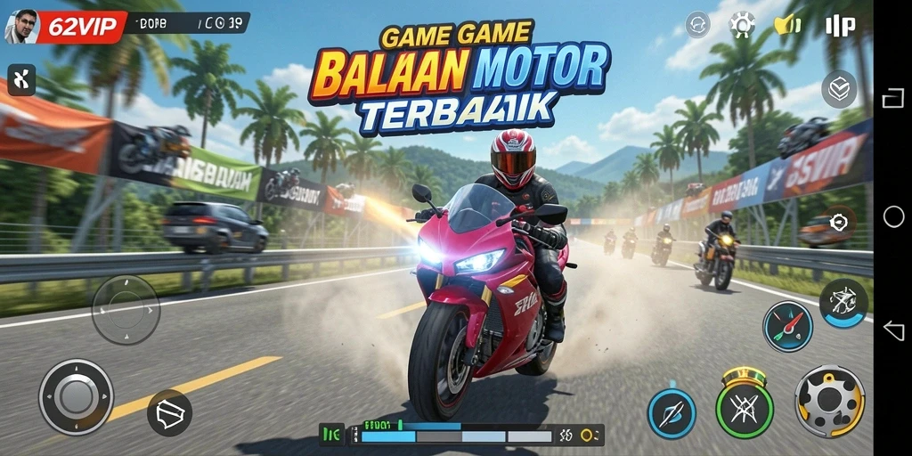 Tampilan gameplay seru dalam 62VIP saat balapan motor.