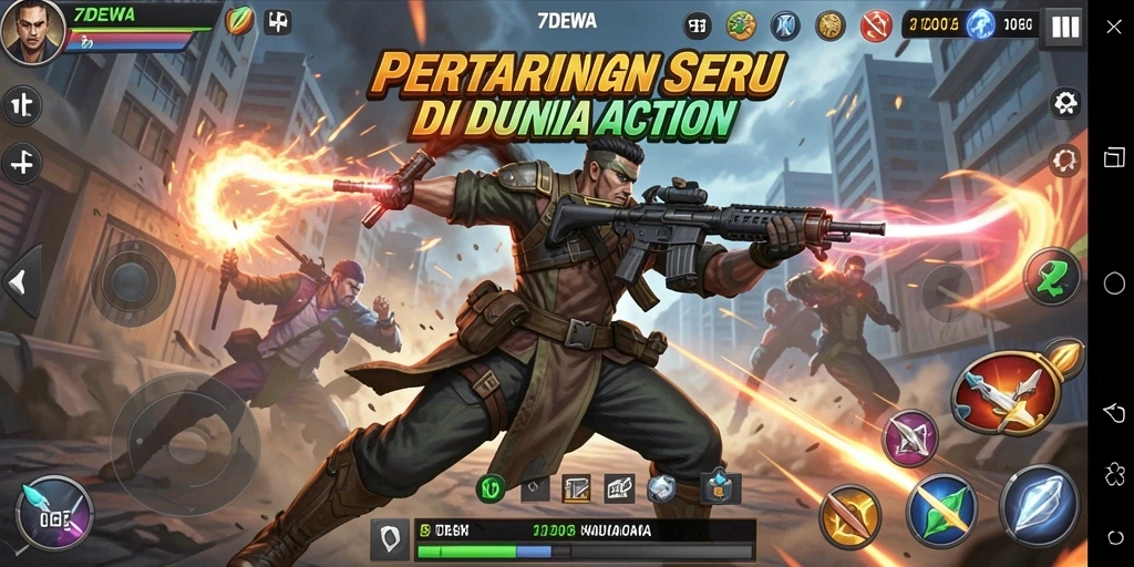 Tampilan mendebarkan dari gameplay Action 7DEWA saat bertarung melawan musuh.