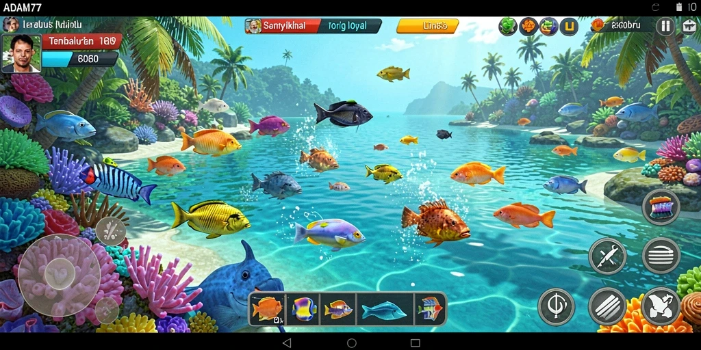 Screenshot menunjukkan gameplay menembak ikan dengan warna cerah dan grafis menawan.