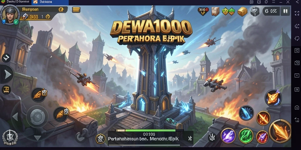 Tangkapan layar gameplay DEWA1000 menampilkan menara dan musuh yang sedang bertarung.