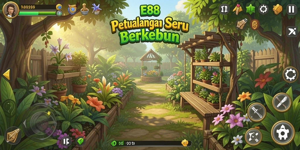 Screenshot gameplay E88 menampilkan suasana ladang yang cerah dan tanaman hijau.
