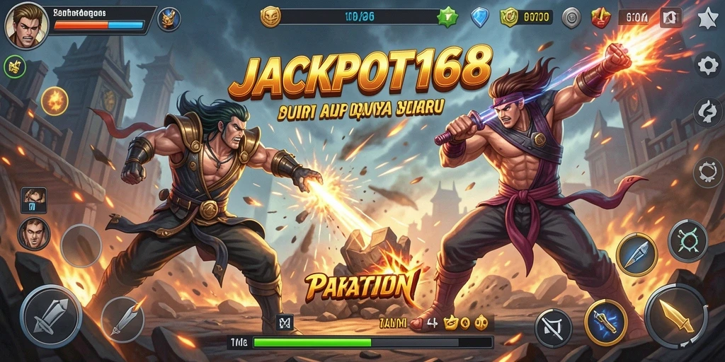 Tampilan aksi mendebarkan di JACKPOT168 dengan karakter yang bertarung.