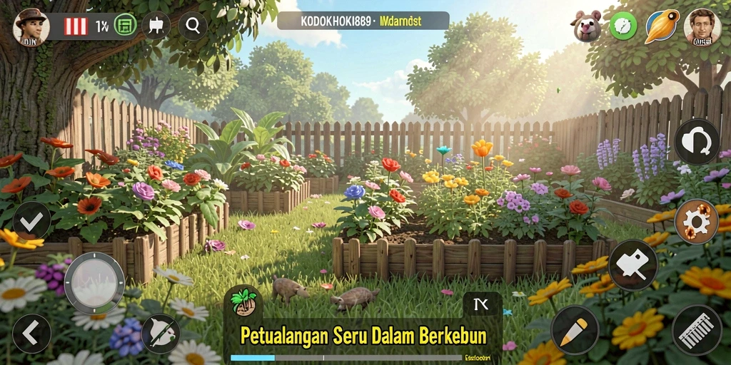 Screenshot gameplay KODOKHOKI889 menampilkan ladang yang subur dan aktif.