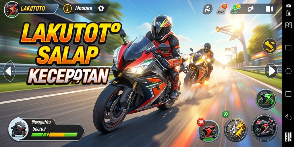 Screenshot gameplay LAKUTOTO dengan motor melaju cepat di lintasan balap.