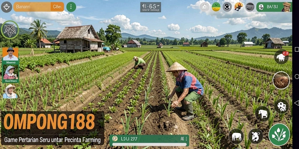 Screenshot dari gameplay OMPONG188 yang menunjukkan lahan pertanian yang indah.