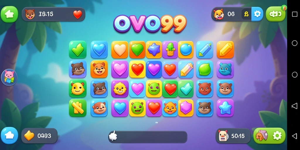 Tampilan penuh warna gameplay OVO99 dengan unsur Match-3 yang menantang.