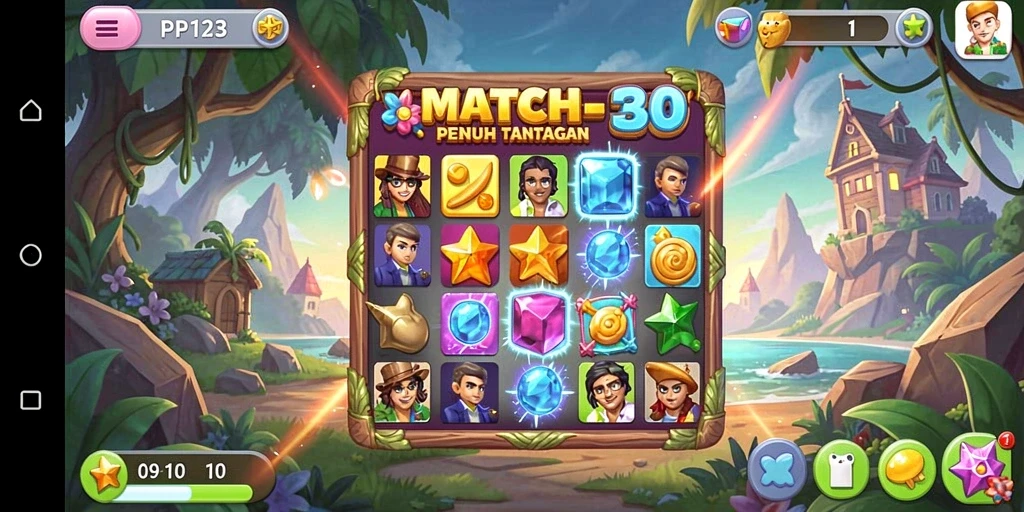 Gameplay PP123 menampilkan tantangan seru dalam mencocokkan permata.