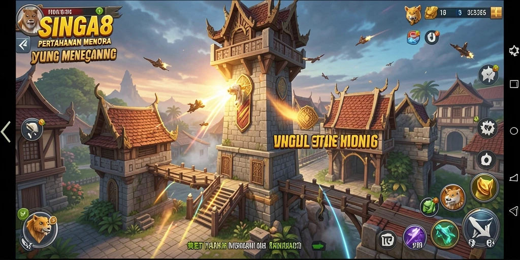Gameplay SINGA8 yang menampilkan pertahanan menara yang strategis.