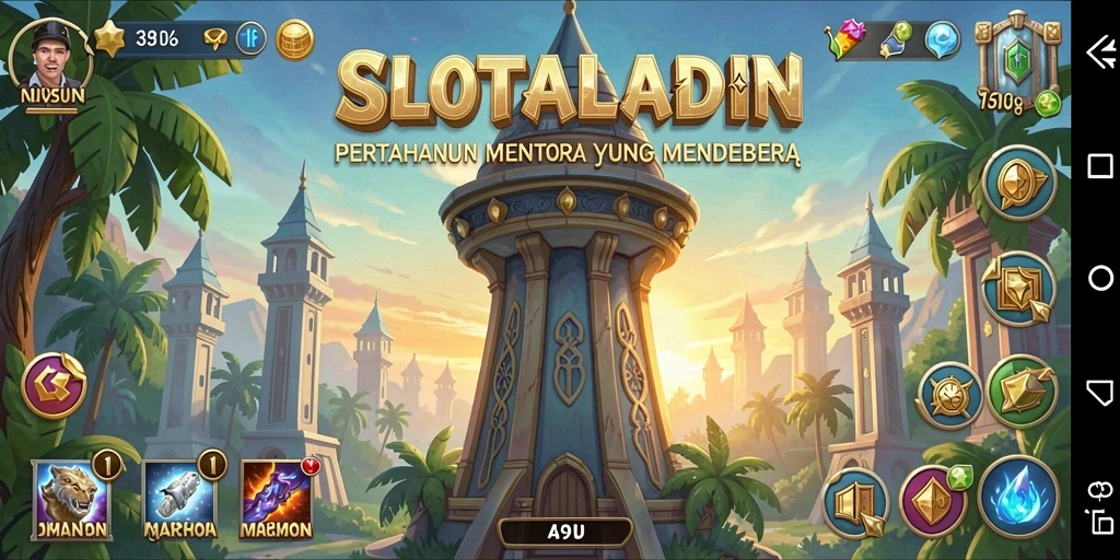 Tampilan gameplay yang menegangkan di SLOTALADIN dengan berbagai menara.