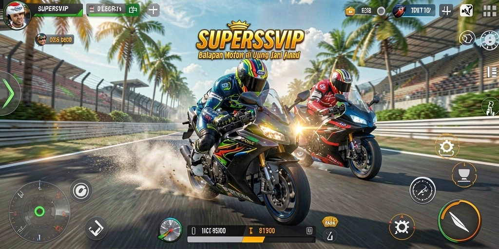 Tampilan gameplay seru di <strong>SUPERSVIP</strong> saat balapan motor.