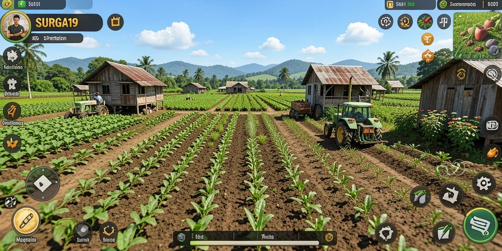 Screenshot gameplay SURGA19 yang menunjukkan aktivitas bertani yang menarik.
